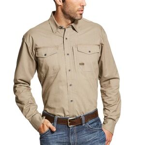 Ariat Rebar Workman Men's Long Sleeve Work Utility Shirt Size Small in Khaki